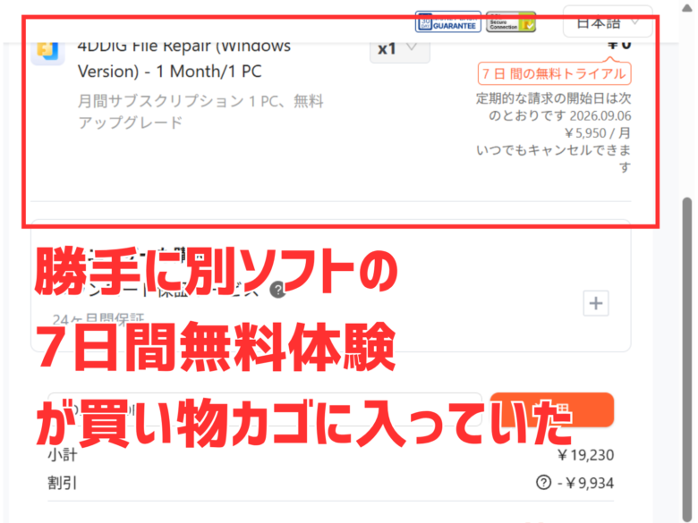 4DDiGの購入画面。本体9,296円のほかに、別製品File Repairの7日間トライアルが入っている