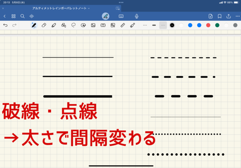 Goodnotes6での点線・破線は太さで間隔が変わる