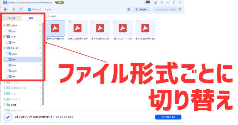 EaseUS Data Recovery Wizardで復元、ファイルごとに切り替え