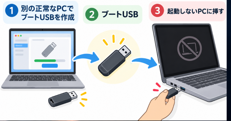 別の動くパソコンで起動用USBを作り、起動しないパソコンに挿すまでの3つの手順