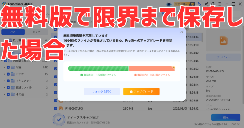 4DDiG無料版の上限。1,870ファイルを保存したところで「無料復元容量が不足しています」と出て止まった