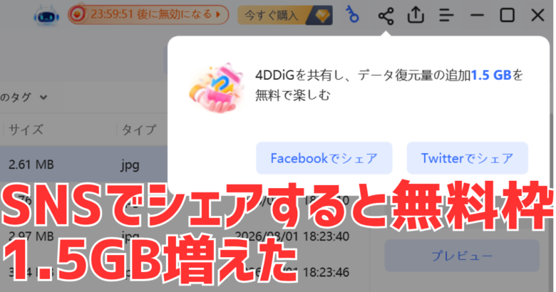 4DDiG無料版の共有の案内。FacebookかX（Twitter）でシェアすると復元できる量が1.5GB増え、約2GBになる