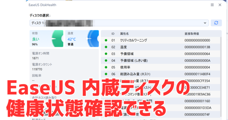 EaseUS DiskHealthで内蔵ディスクの状態が「良い 96%」と表示された画面