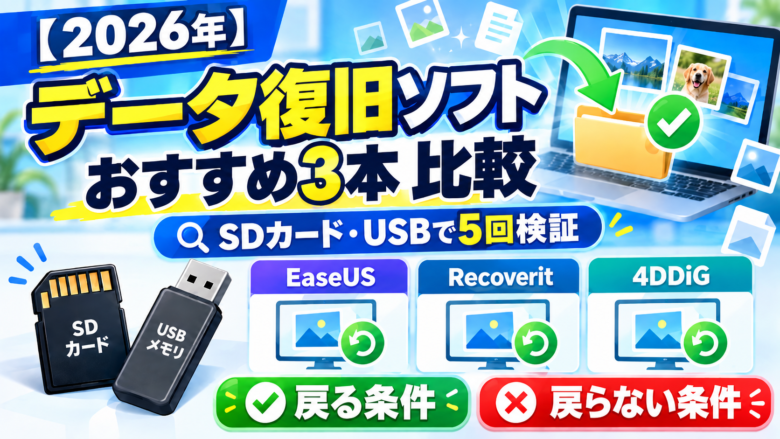 【2026年】データ復旧ソフトおすすめ3本を比較｜SDカードとUSBで5回試して分かった「戻る条件・戻らない条件」